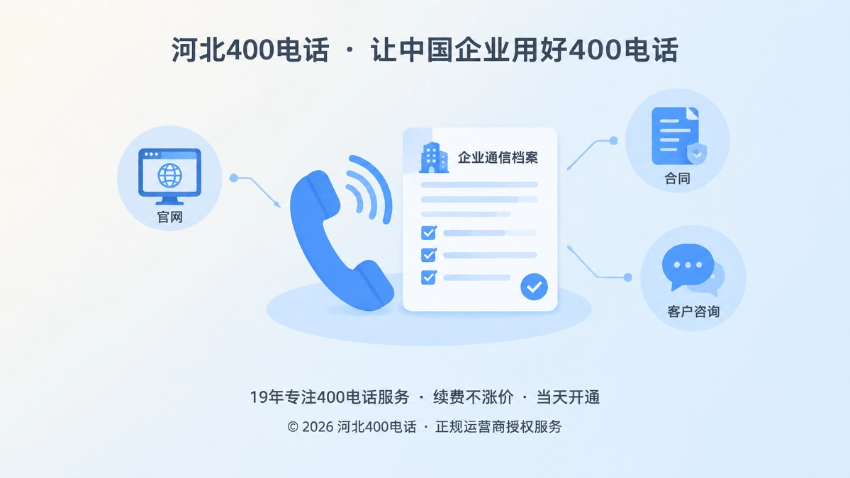 聚焦式扁平插画：电话听筒与企业通信档案卡片，象征400电话成为长期经营记录入口。
